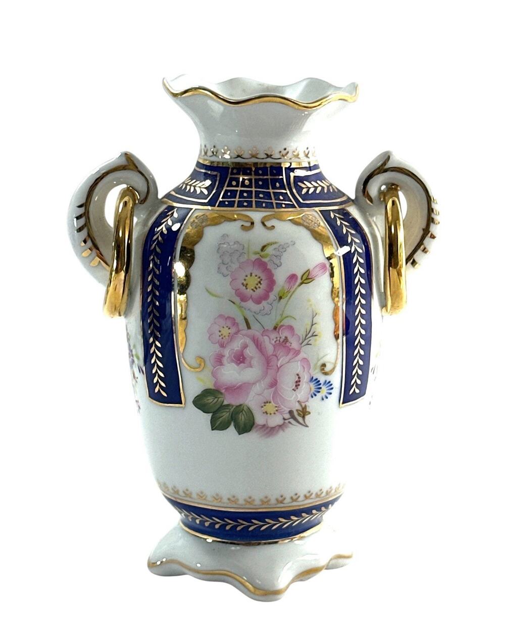 Angela 2003 Porcelain Vase Cobalt Blue Pink Floral Gold Gilt Double Handle 6ā